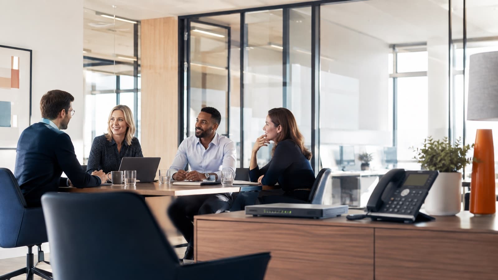 A modern business team collaborating in a connected office